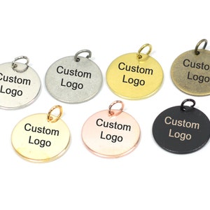Etichetta personalizzata incisa al laser, tag personalizzato gioielli, etichetta logo personalizzata con anello di salto, 16 mm x 0,8 mm (spessore), risultati KNN36