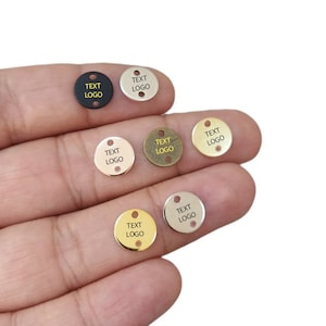 Custom Laser Engraved  Tag , Jewelry Personalized Tag  ,Round 2 Hole Custom Logo Tag , 10 mm x 0.8 mm ( Thickness ) , Findings