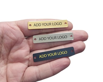 Etiqueta de metal de ropa, Etiqueta de ropa de rectángulo personalizado con 2 agujeros, 0.8 x 10x50 mm (3/8 "x 2"), Etiqueta personalizada, Etiqueta de marca de bolsa