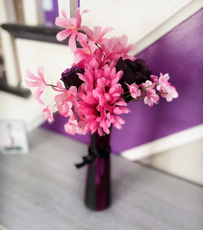 Black Striped Vase Pink Faux Flowers Pink and Black Floral Etsy