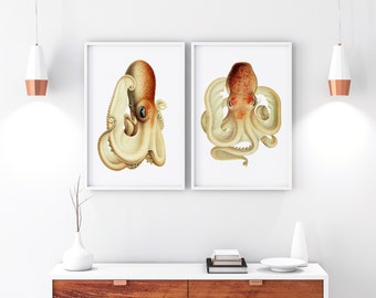 Octopus Printable Set of 2 Wall Art, Vintage Nautical Watercolor Painting, Downloadable Octopus Illustration Prints