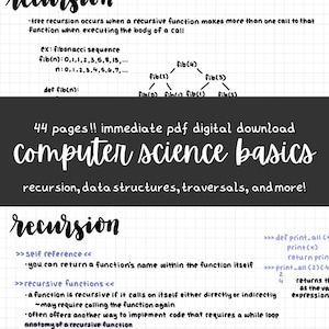 Könnte beinhalten: Digitaler Download mit dem Titel "Computer Science Basics" mit handschriftlichen Notizen zu Rekursion, Datenstrukturen und Traversierungen. Das Bild enthält Diagramme und Erklärungen zu rekursiven Funktionen und der Fibonacci-Folge.