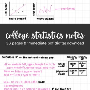 Op de afbeelding: Een handgeschreven notitie met de titel "college statistics notes" met daaronder de tekst "38 pagina's!! onmiddellijke digitale pdf-download". De notitie legt uit hoe je R² op de test- en trainingsset kunt berekenen met behulp van R-code. De notitie bevat een tabel met de tekst "trainingsset" en "testset" bovenaan, en "lineair model", "polynoom model", "lagere R²", "hogere R²", "hogere R²" en "lagere R²" in de tabel.