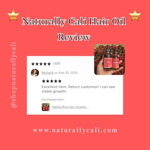 K&ouml;nnte beinhalten: Roter Hintergrund mit dem Text "Naturally Cali Hair Oil Review". Enth&auml;lt eine Kundenbewertung mit f&uuml;nf Sternen und ein Foto von zwei Haar&ouml;lflaschen. Die Website-Adresse www.naturallycali.com ist ebenfalls sichtbar.