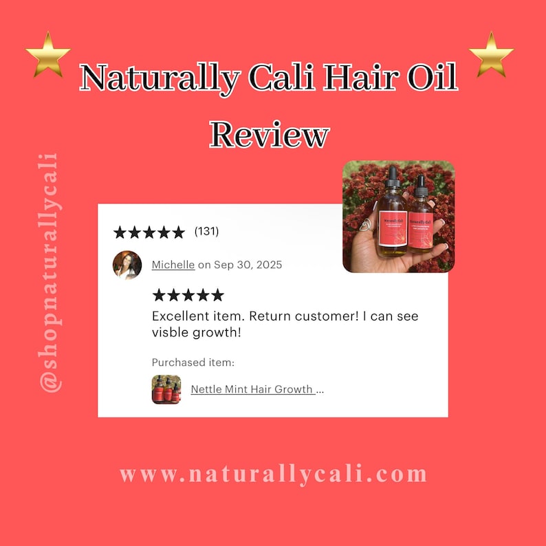 K&ouml;nnte beinhalten: Roter Hintergrund mit dem Text "Naturally Cali Hair Oil Review". Enth&auml;lt eine Kundenbewertung mit f&uuml;nf Sternen und ein Foto von zwei Haar&ouml;lflaschen. Die Website-Adresse www.naturallycali.com ist ebenfalls sichtbar.