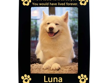 May include: Black picture frame with gold paw prints and the text "If love could have saved you. You would have lived forever."  The frame has a photo of a white dog named Luna.