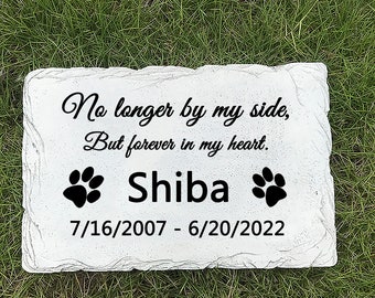 May include: A rectangular, off-white stone garden marker with the inscription "No longer by my side, But forever in my heart." Below, it reads "Shiba" with paw prints and dates 7/16/2007 - 6/20/2022.