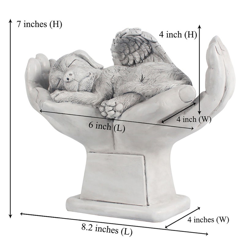 May include: White ceramic memorial sculpture of a sleeping dog with angel wings resting in cupped hands. The sculpture is 7 inches tall, 8.2 inches long, and 4 inches wide.
