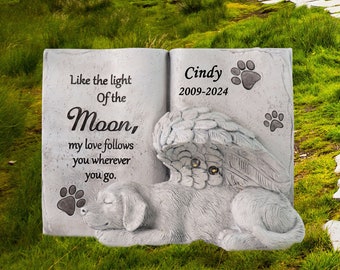 Personalized Solar Dog Pet Memorial Stone, Dog Angel Statue, Custom Dog Grave Marker Or Garden Memorial Stone-Like The Light of The Moon…