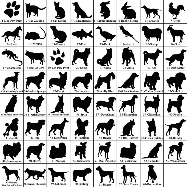 K&ouml;nnte beinhalten: Schwarz-wei&szlig;e Silhouette-Illustrationen verschiedener Tiere, darunter Hunde, Katzen, V&ouml;gel und Nutztiere. Jede Illustration ist mit einer Nummer und dem Namen des Tieres beschriftet.