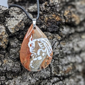 Painted Dragon Skeleton on Picture Jasper Pendant- Comes with 18in necklace