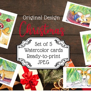 Printable Tan Corgi Christmas Card-Set of 5 original designs