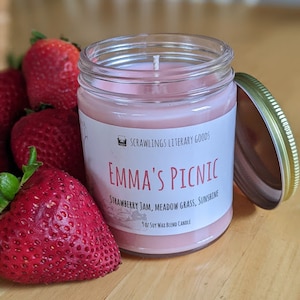 Jane Austen strawberry candle | Emma&#39;s Picnic book based candle | Strawberry jam, meadow, & fresh air | Reading candle | Summer scent