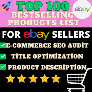 Könnte beinhalten: Eine pinkfarbene und grüne Grafik mit dem Text "TOP 100 BESTSELLING PRODUCTS LIST FOR ebay SELLERS" und einem Häkchen neben den Wörtern "E-COMMERCE SEO AUDIT", "TITLE OPTIMIZATION" und "PRODUCT DESCRIPTION". Unter dem Text befinden sich fünf goldene Sterne und ein weißer Einkaufswagen mit schwarzen Rädern.