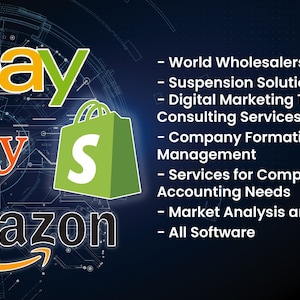 Puede incluir: Los logotipos de los mercados en línea populares, incluidos eBay, Etsy, Amazon y Shopify, se muestran sobre un fondo azul oscuro con un patrón de líneas y círculos. El texto debajo de los logotipos enumera los servicios que ofrece una empresa, incluidos los mayoristas mundiales, las soluciones de suspensión, la capacitación y la consultoría de marketing digital, la formación y la gestión de empresas, los servicios para las necesidades contables de las empresas, el análisis y la investigación de mercado, y todo el software.