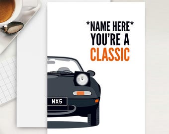 Personalised Black Mazda MX5 Birthday Card. Miata Convertible Car Card.