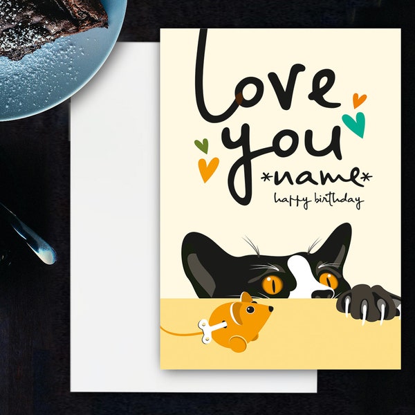 Personalised Black and White Cat Birthday Card