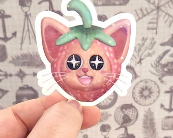 Kawaii Strawberry kitty- sparkly Die Cut sticker