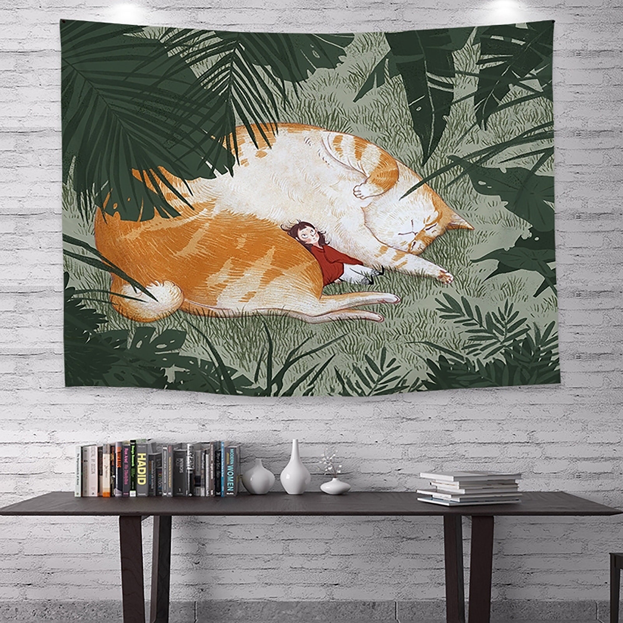 Cartoon Illustration Tapestry, Orange Cat Hanging Cloth Tapestries