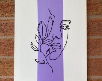 Abstract Embroidery Line Art on Purple and White Canvas | Wall Art