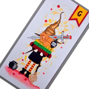 Carte de sorcier fait main, sorcière/sorciere portant des objets de sorcellerie, carte magique, pour elle, carte vierge.