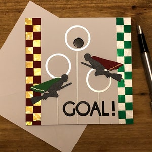 Handgemachte Zauberer Sportkarte, Zauberer fliegend auf einer Besensportkarte.