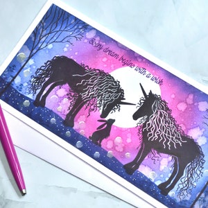Biglietto unicorno, unicorni che parlano con una lepre, biglietto fatto a mano, biglietto di compleanno, biglietto vuoto, biglietto per bambina, biglietto magico, biglietto magico, biglietto dei desideri