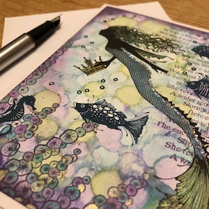 Cartão de sereia roxo brilhante feito à mão, cartão de aniversário de sereia, cartão de aniversário, cartão em branco, cartão de menina, cartão mágico, cartão mágico, cartão de desejos