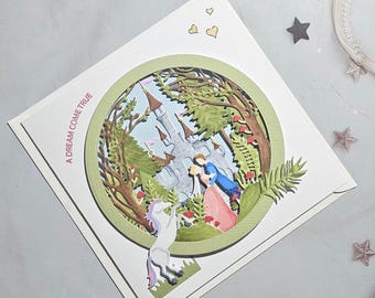 Handmade fairytale couple card: Magical wedding, valentine, engagement, anniversary card with unicorn and castle-A dream come true
