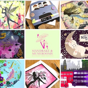 May include: A collection of handmade greeting cards and gifts. The cards feature various designs, including a fairy, a car with passengers, a mermaid, a unicorn, and London buses. The cards have a whimsical and artistic style, with vibrant colors and intricate details.
