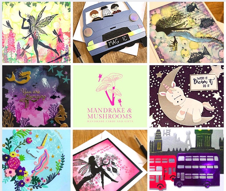 May include: A collection of handmade greeting cards and gifts. The cards feature various designs, including a fairy, a car with passengers, a mermaid, a unicorn, and London buses. The cards have a whimsical and artistic style, with vibrant colors and intricate details.
