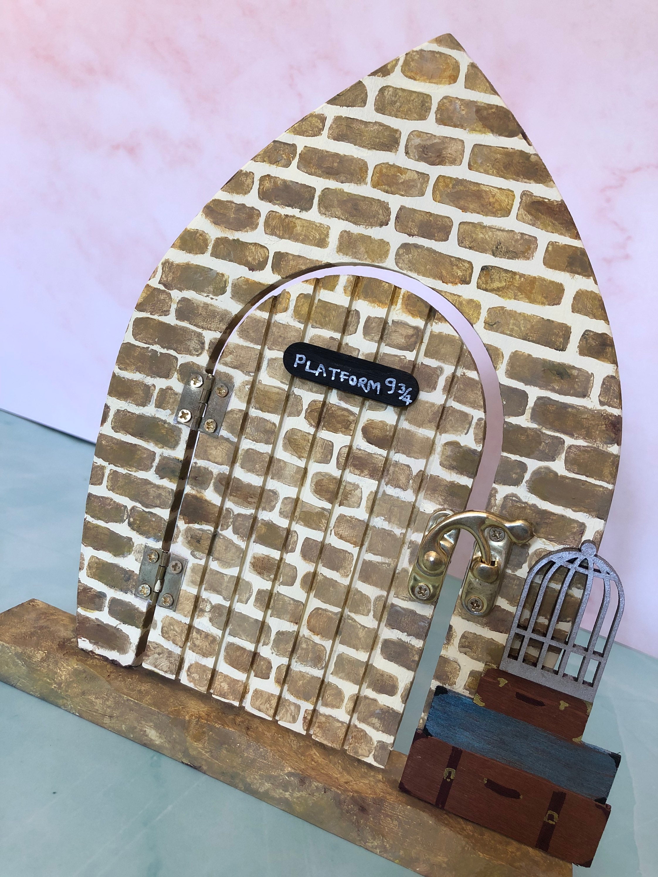 Large handpainted opening wizarding train fairy door, freestanding wooden door, platform, magical play fairy door, indoor, tooth fairy door,
