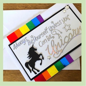 Biglietto unicorno, biglietto unicorno arcobaleno fatto a mano, sii sempre te stesso a meno che tu non possa essere un unicorno, biglietto di compleanno unicorno, biglietto vuoto, biglietto magico