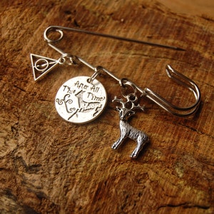 Handmade wizard pin / brooch - 3 charms, wizarding badge, for her, for him, stocking filler, party bag favour