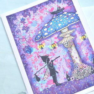Carte de fée violette faite main, carte de maison champignon vénéneux, carte d'anniversaire, carte vierge, carte de fille, carte magique, carte magique, carte de voeux