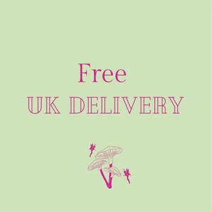 May include: A light green background with the words "Free UK DELIVERY" in a magenta font. Below the text is a magenta illustration of mushrooms and small flying insects.