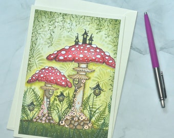 Handmade fairy card, Red toadstool house card, birthday card, blank card, girl's card, boy's card, magical card, magic card, wishes card