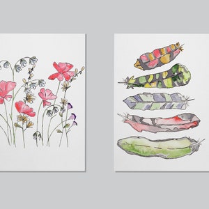 Set aus 8 blanko Aquarell Grußkarten- Federn / Wildblumen