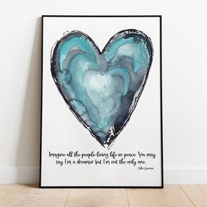 Heart Watercolor Print- John Lennon Quote - Imagine all the People
