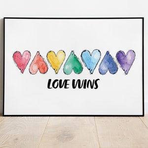 Love wins Pride Print - Rainbow Hearts - Watercolor Print