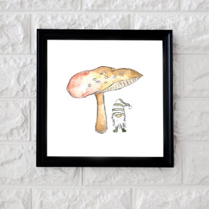 Gnome under a mushroom Print- Watercolor Painting