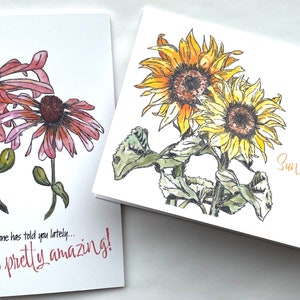 Lot de 8 cartes de voeux vierges aquarelles - Cônes de fleurs / tournesols