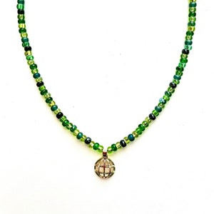 green beaded necklace, green bead choker, dark forest green necklace, beaded necklace, 18k gold plated charm