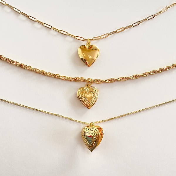 18k gold plated heart locket necklace, gold y2k necklace, heart locket for photo, gold y2k jewelry | 3 chain options