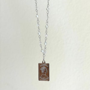 silver rosary necklace pendant, pearl rosary chain, dainty silver y2k necklace jewelry, sterling silver plated, vintage queen pearl chain