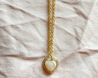 mother of pearl heart necklace, y2k heart necklace, y2k pearl chain necklace, gold heart necklace, tarnish resistant / 18k gold plated