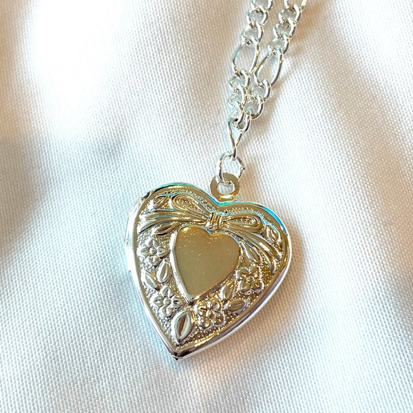 Silver figaro chain heart locket, locket pendant, silver chain floral locket picture necklace, sterling silver plated, retro y2k jewelry