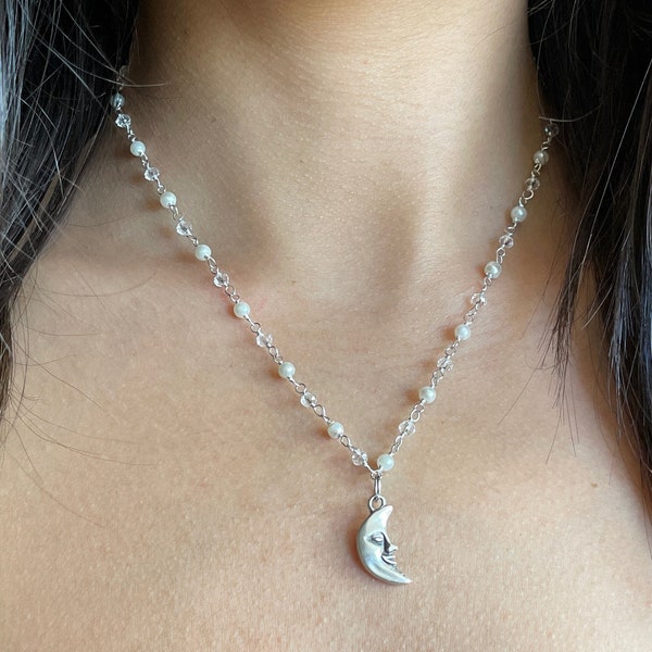 Silver crescent moon necklace, pearl rosary chain necklace, sterling silver plated, aesthetic silver indie y2k necklace, chain with pearls