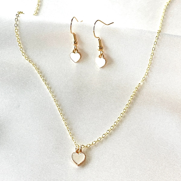 white heart jewelry set, white heart earrings, white heart necklace, 18k gold plated jewelry set, y2k jewelry, mini heart minimalist jewelry