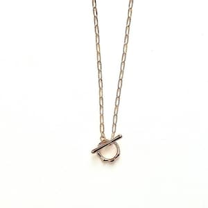 May include: A gold chain necklace with a toggle clasp. The chain is made of small, linked circles.